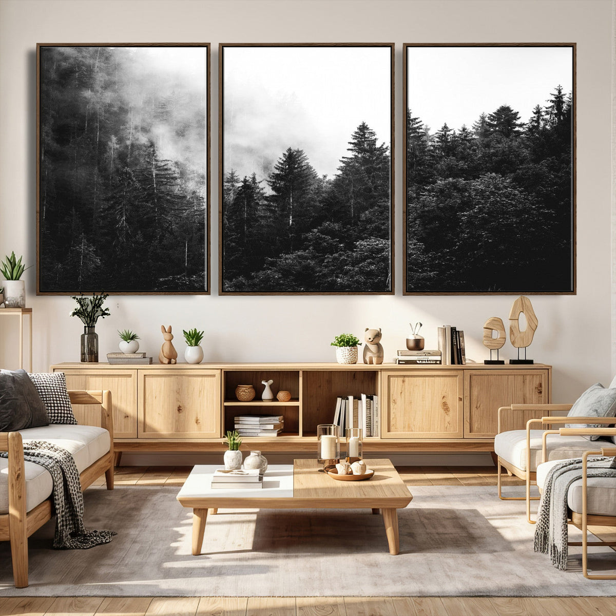 Black White Forest Wall Art Canvas Print, Misty Pine Tree