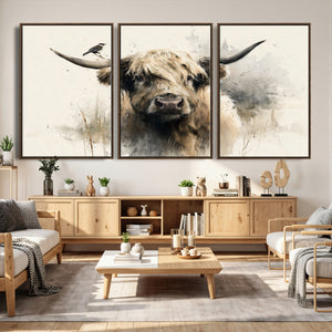 Abstract Highland Cow Wall Art Canvas Print, Rustic Farm