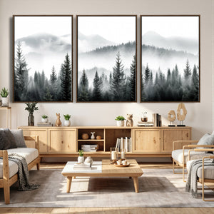 Misty Pine Forest Mountain Landscape Wall Art Canvas Print