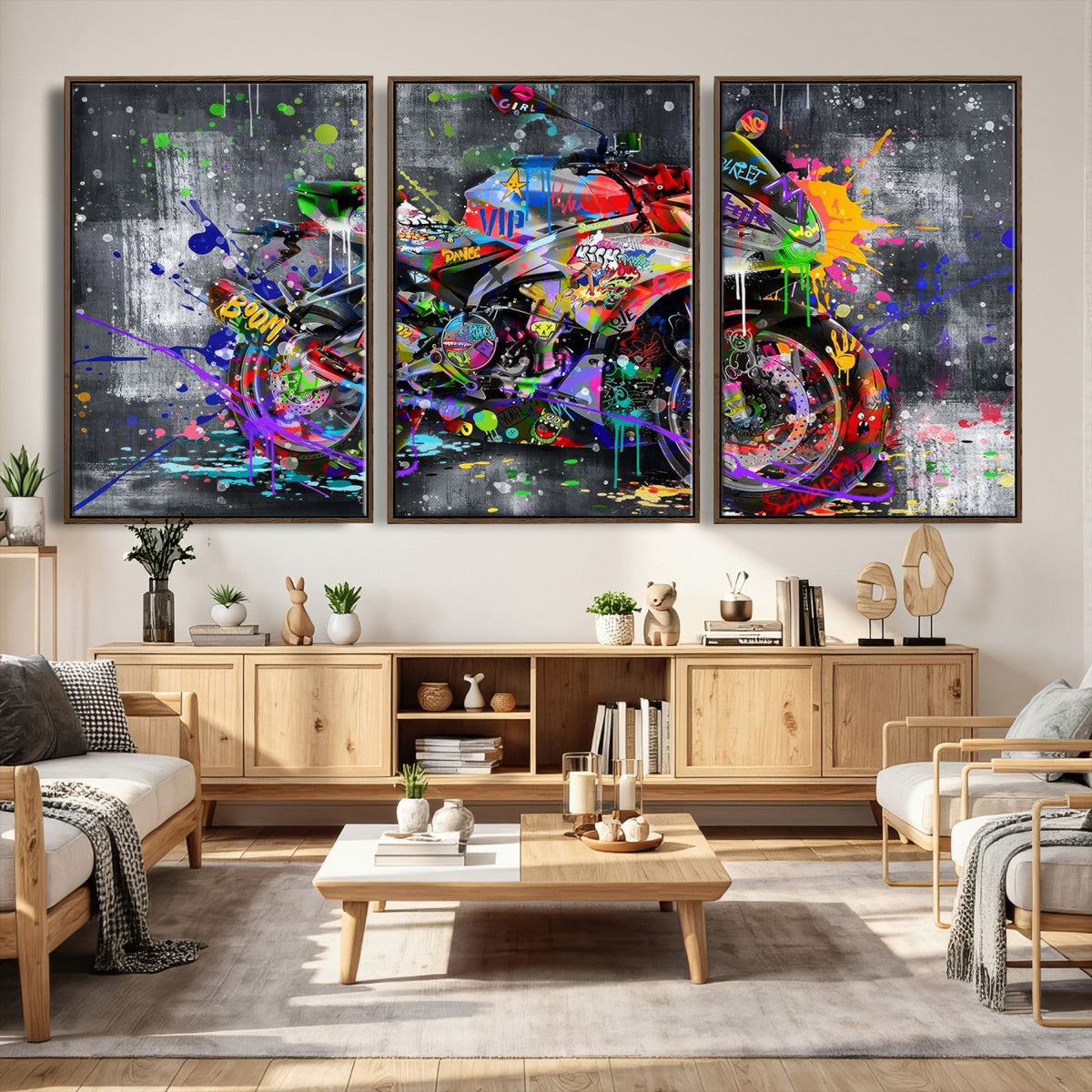 Graffiti Motorcycle Wall Art Canvas Print, Urban Street Art