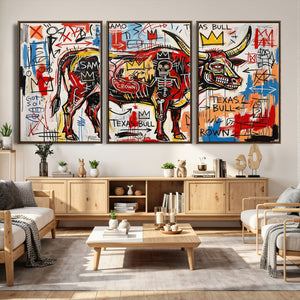 Texas Bull Wall Art Canvas Print, Abstract Graffiti Bull