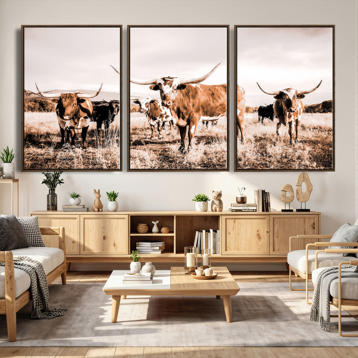 Texas Longhorn Cattle Wall Art Canvas Print, Sepia Western