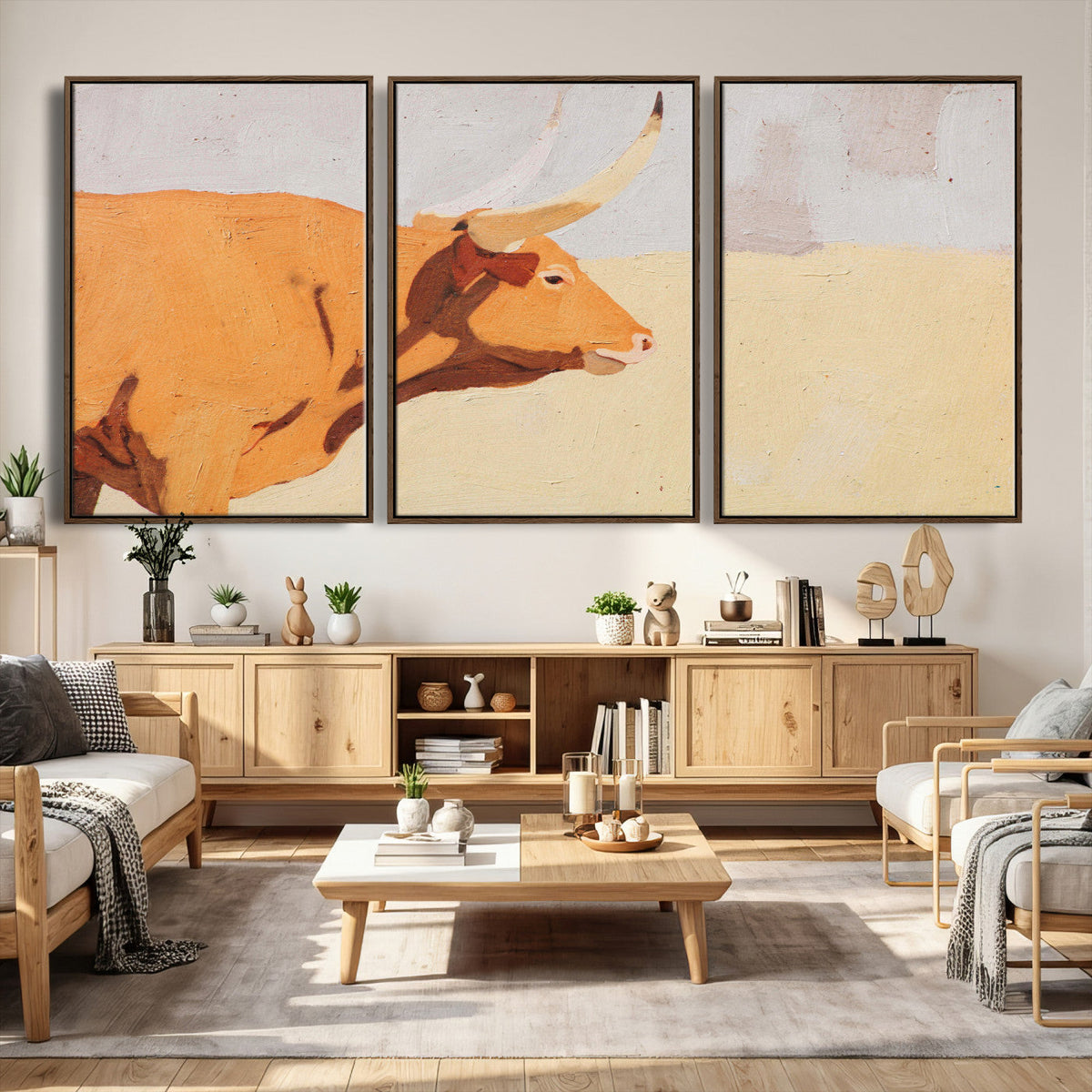 Minimal Longhorn Bull Wall Art Canvas Print, Neutral Western