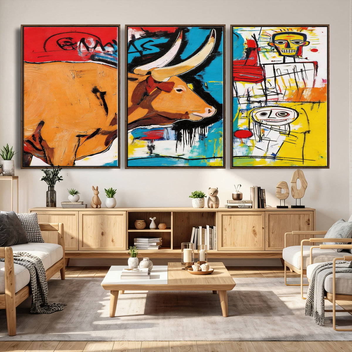 Basquiat Style Bull Graffiti Wall Art Canvas Print, Street