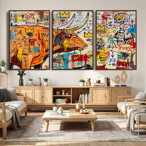 Basquiat Style Bull Graffiti Wall Art Canvas Print, Street