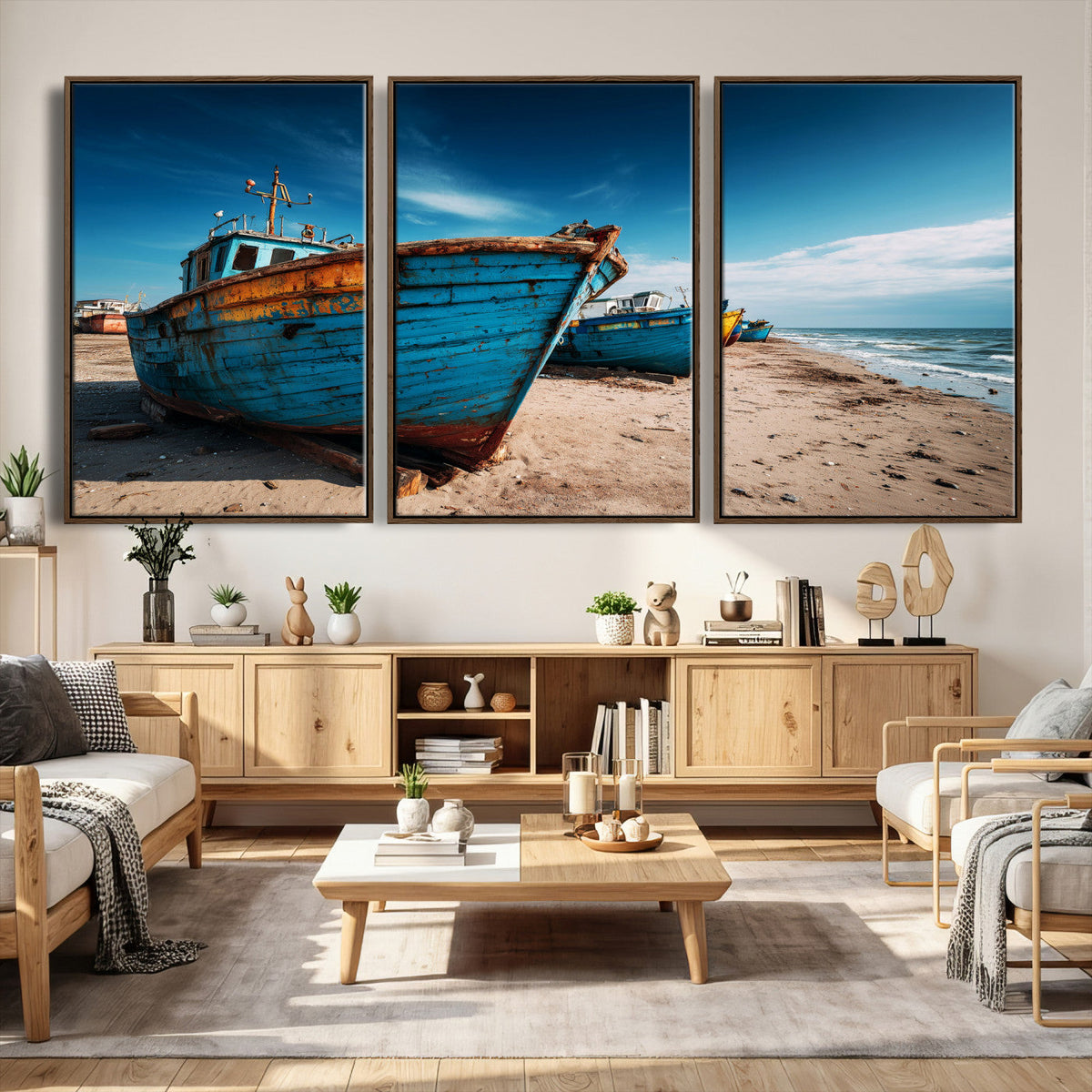 Coastal Fishing Boats Wall Art Canvas Print, Sunset Beach