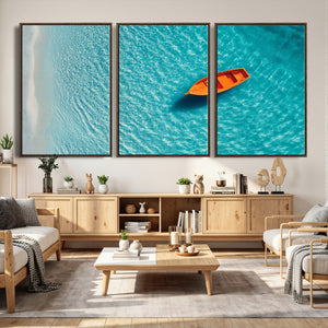 Minimalist Boat Wall Art Canvas Print, Aerial Sea Landscape