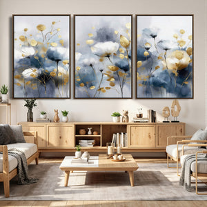 Large Abstract Flowers Wall Art Canvas Print – Gold and Blue