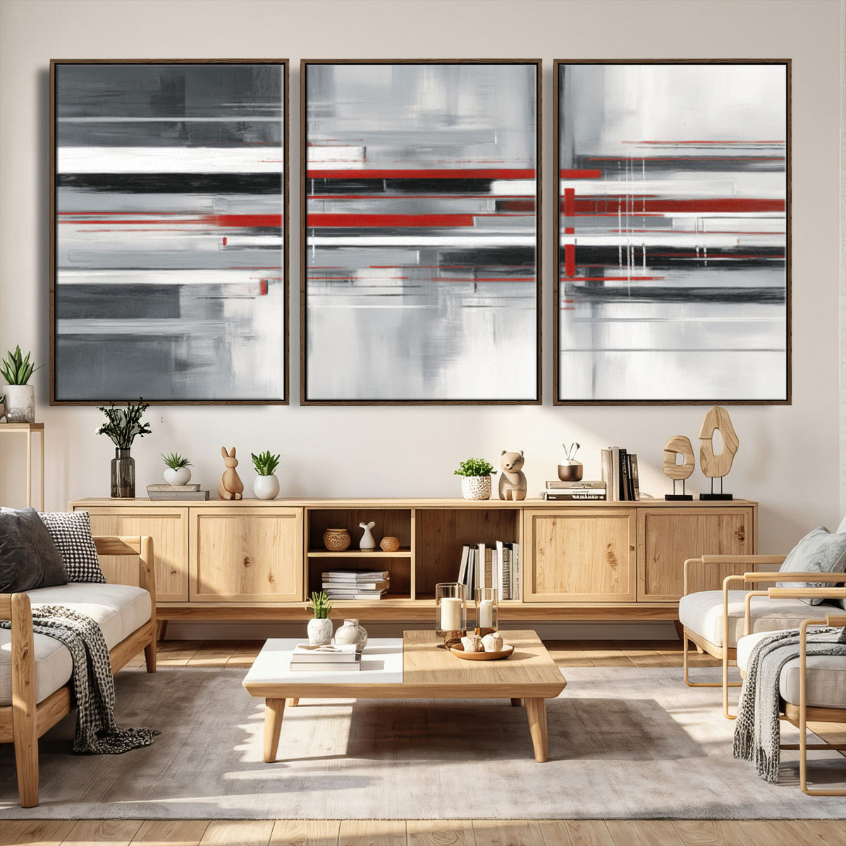 Gray Red Abstract Wall Art Canvas Print, Modern Abstract