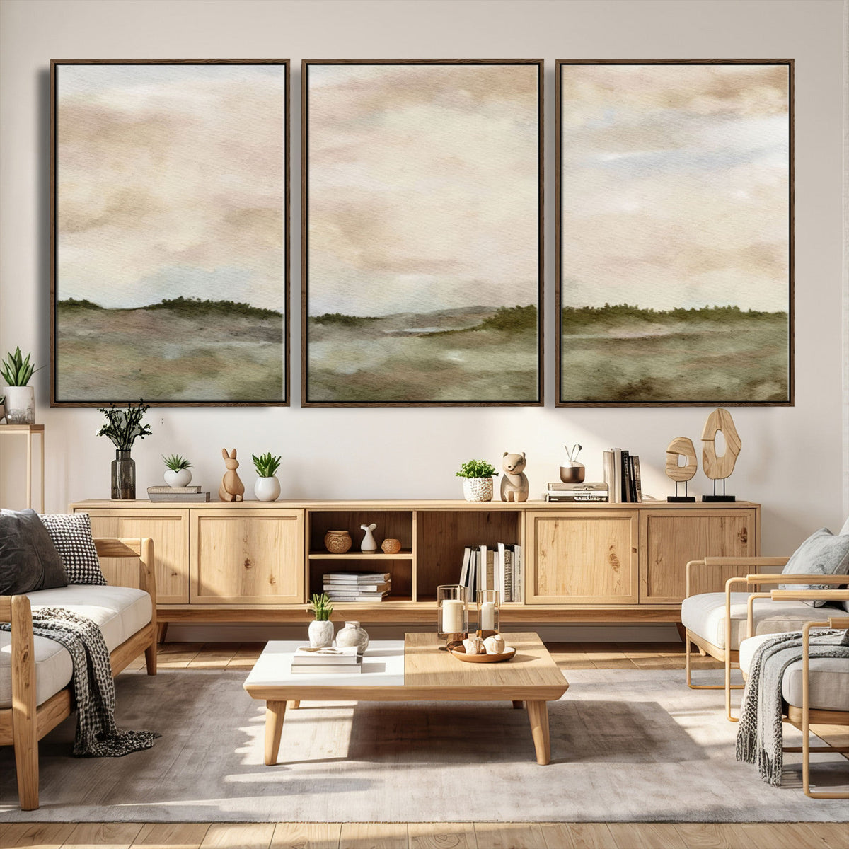 Muted Watercolor Hill Landscape Print — Beige Taupe Cloudy
