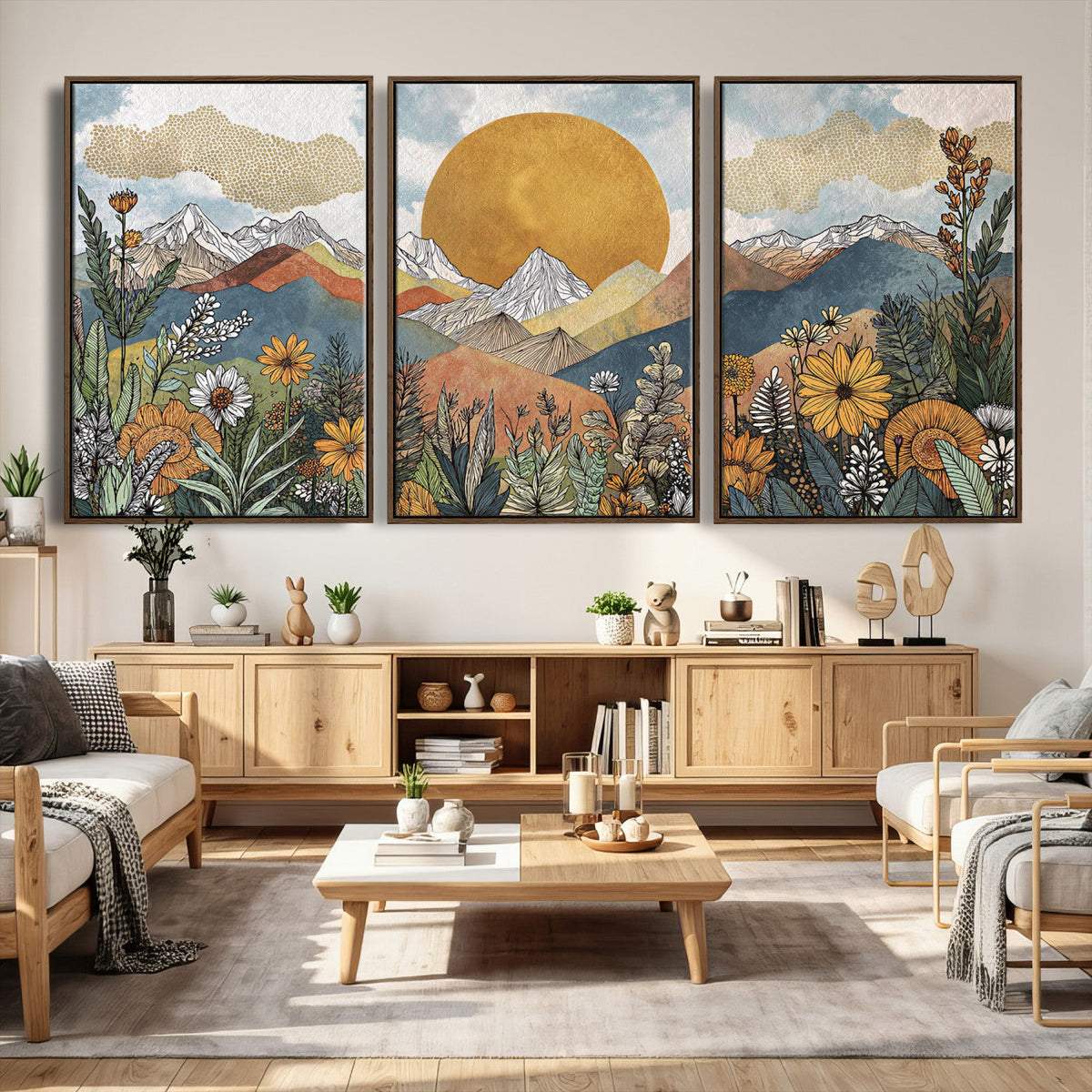 Boho Mountain Landscape Large Wall Art, Horizontal Gold