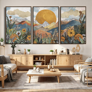 Boho Mountain Landscape Large Wall Art, Horizontal Gold