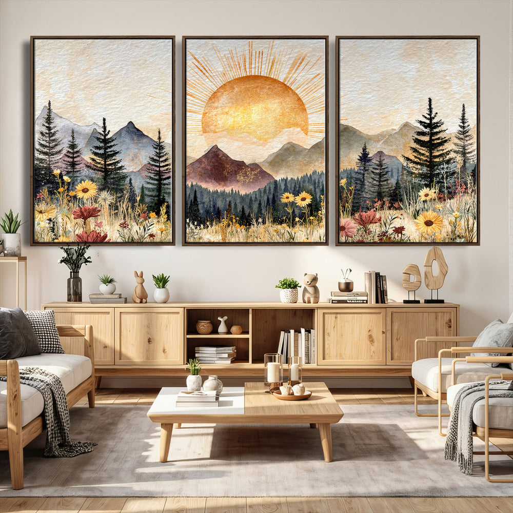 Boho Mountain Landscape Large Wall Art, Horizontal Gold