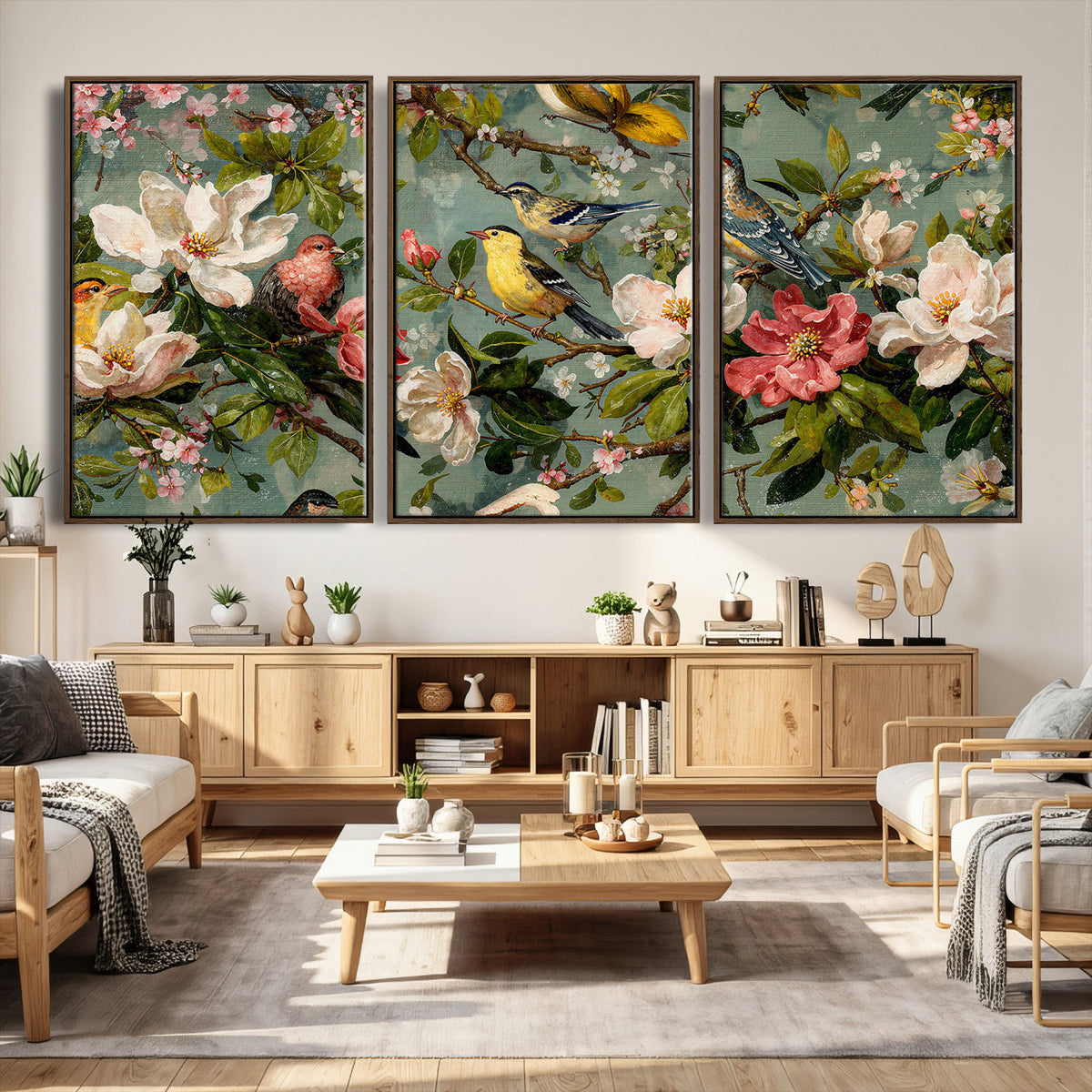 Vintage Birds and Flowers Wide Wall Art: Extra Large