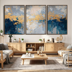 Blue Gold Abstract Large Framed Canvas Wall Art, Modern