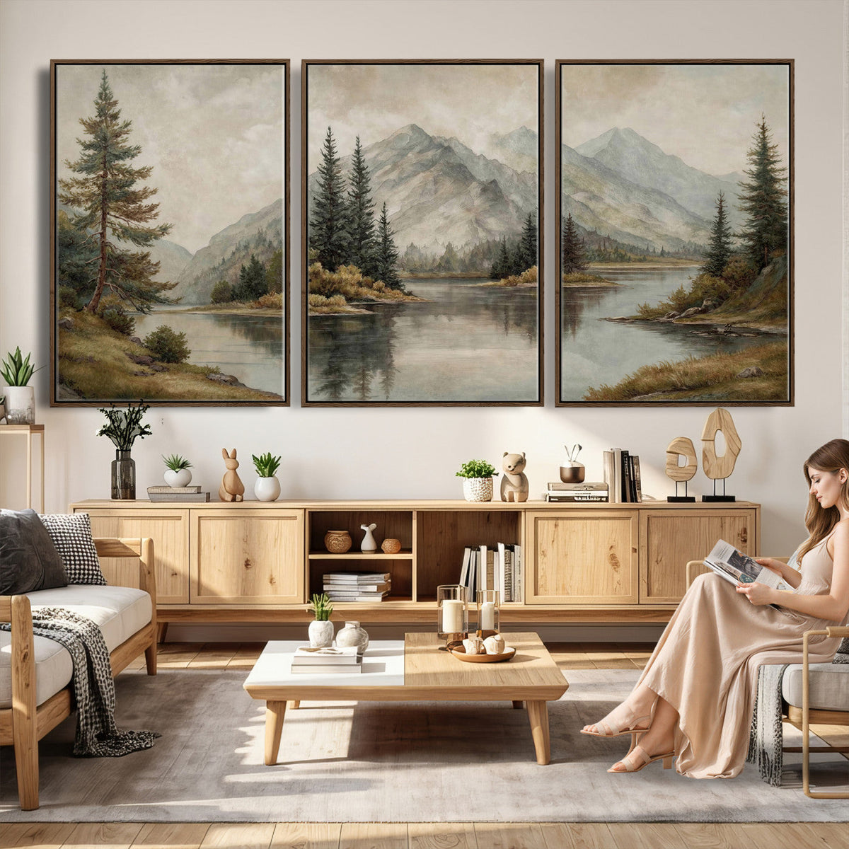 Vintage Mountain Landscape Wall Art Canvas Print Set, Rustic