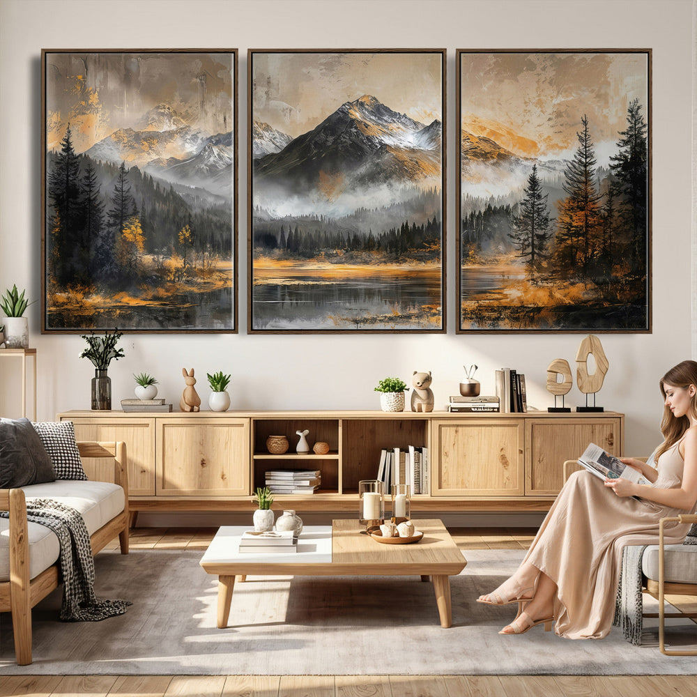 Mountain Lake Canvas Wall Art — Rustic Forest Landscape