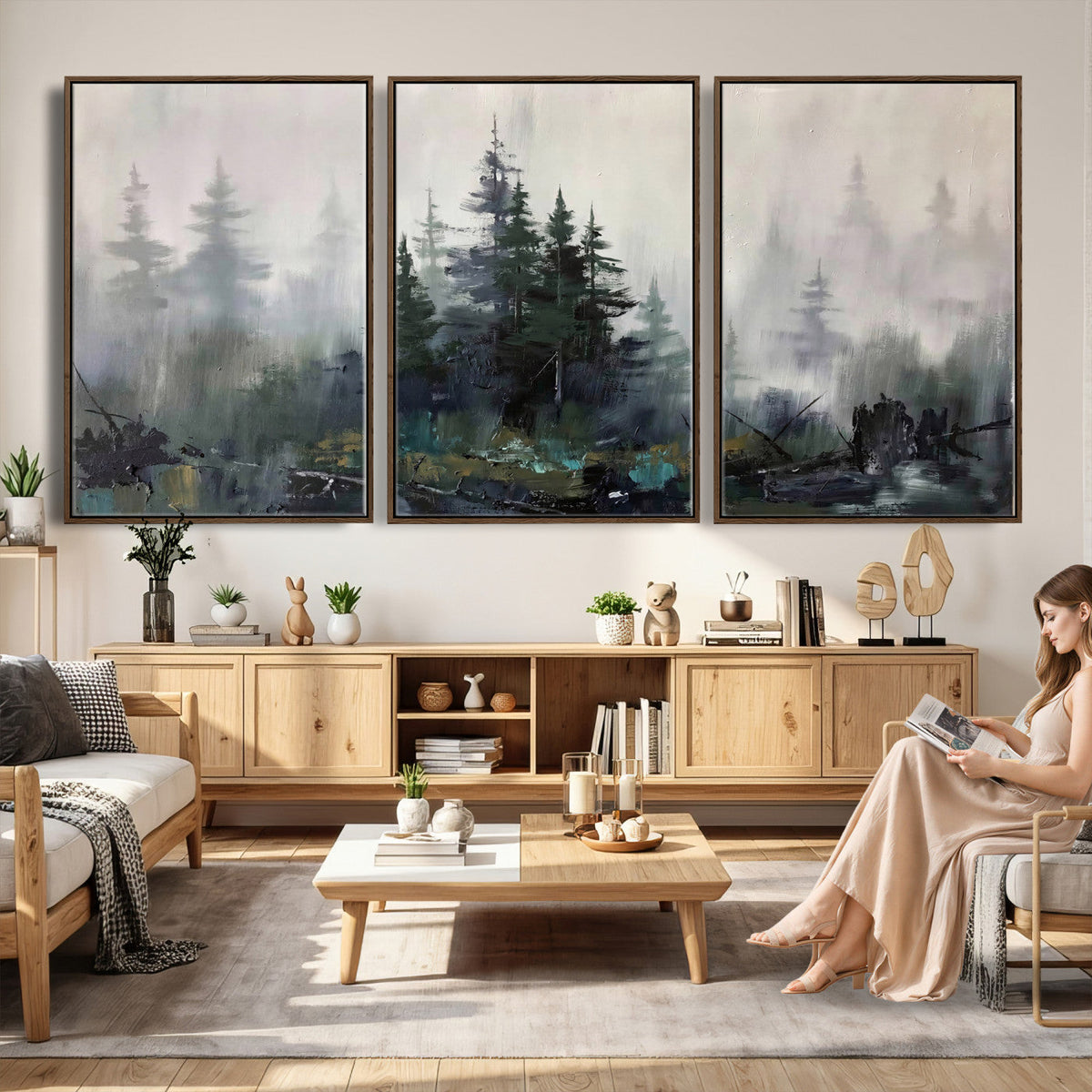 Misty Pine Forest Oil Painting Canvas — Dark Moody Teal Grey