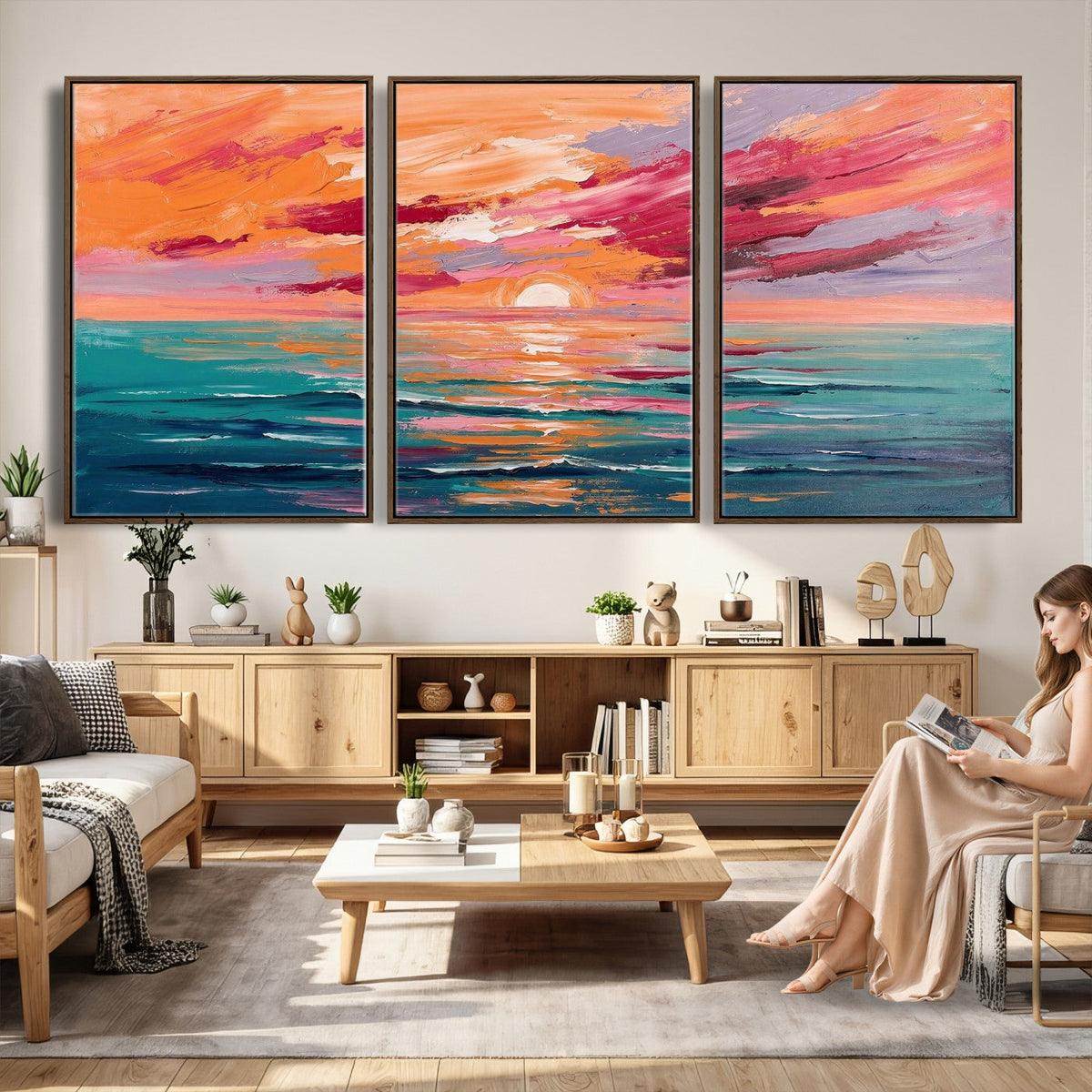 Bold Palette Knife Ocean Sunset Canvas — Orange Pink Teal