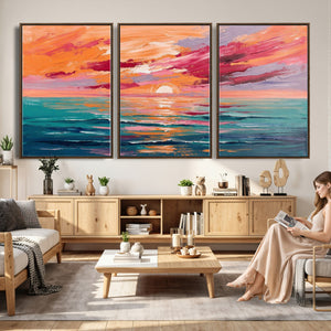 Bold Palette Knife Ocean Sunset Canvas — Orange Pink Teal