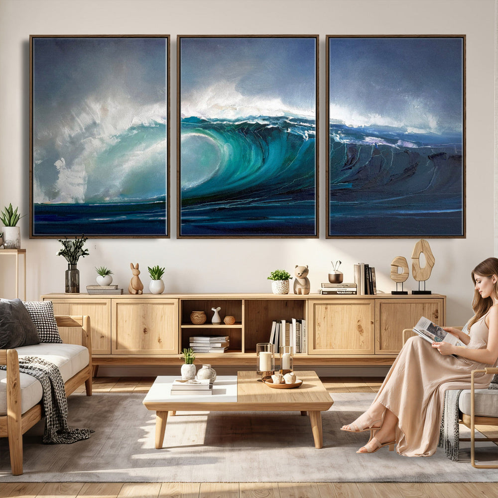 Ocean Wave Canvas Wall Art, Dramatic Teal Blue Seascape Oil