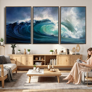Ocean Wave Canvas Wall Art, Dramatic Teal Blue Seascape Oil