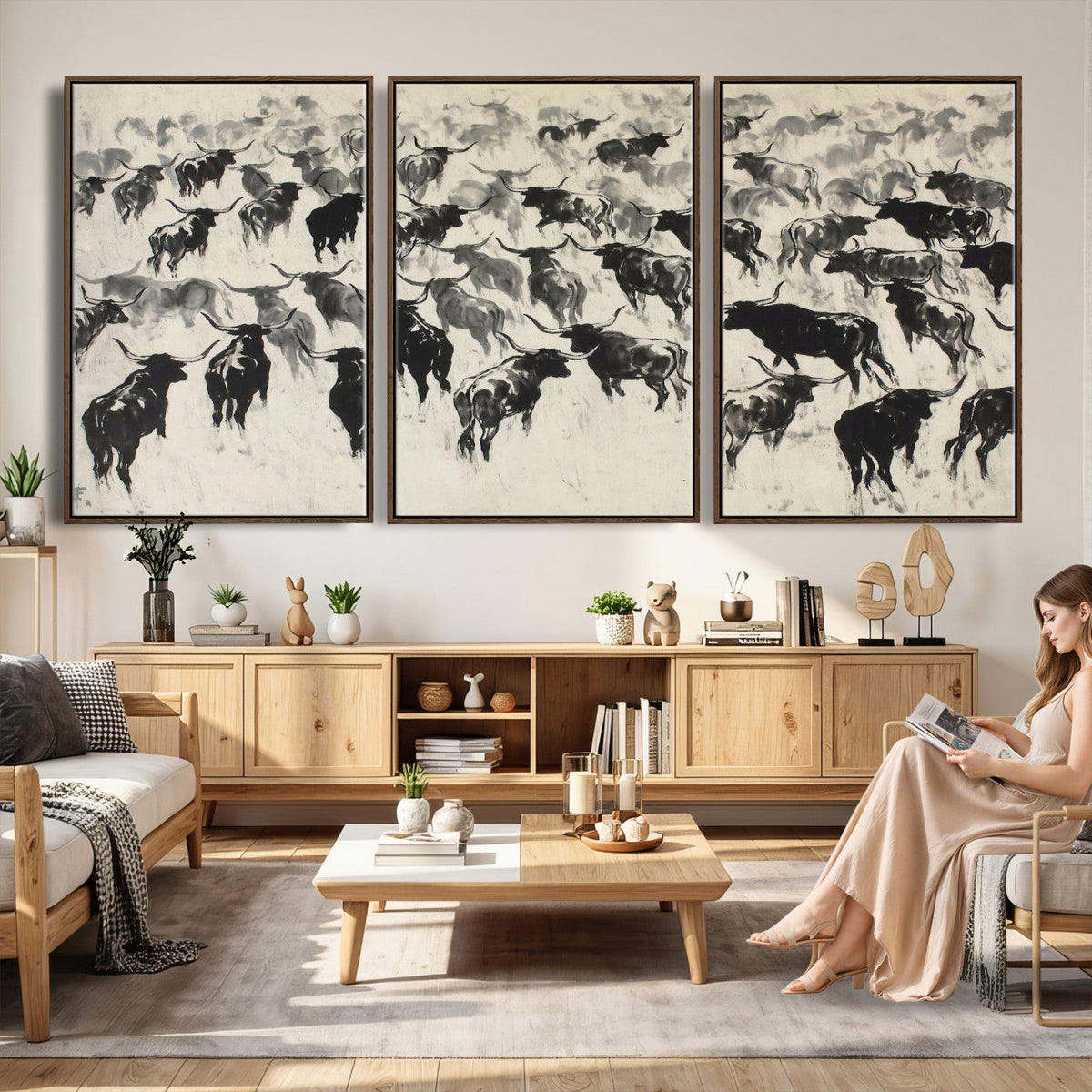 Longhorn Cattle Canvas Wall Art, Black White Stampede Ink