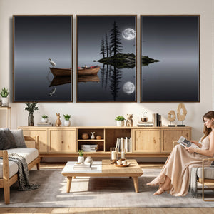 Moonlit Lake Canvas Wall Art, Dreamy Boat Heron Full Moon