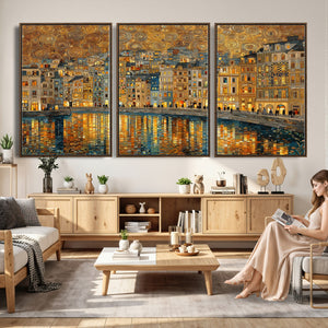 Gustav Klimt Golden Cityscape Wall Art Canvas Print, Framed