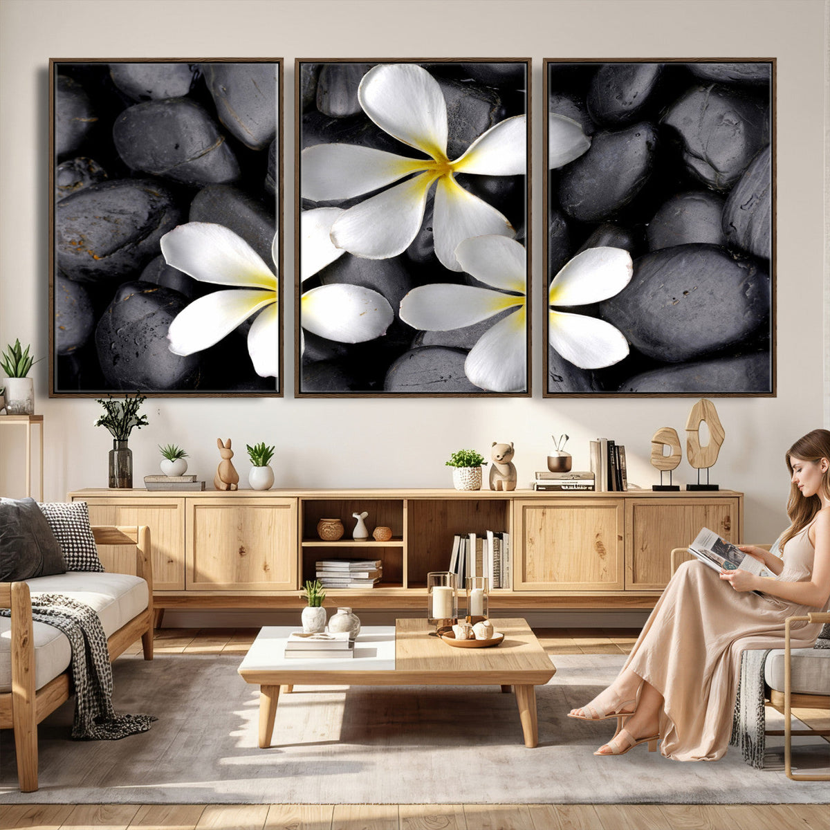 Plumeria Frangipani Black Stone Canvas | White Flower Spa