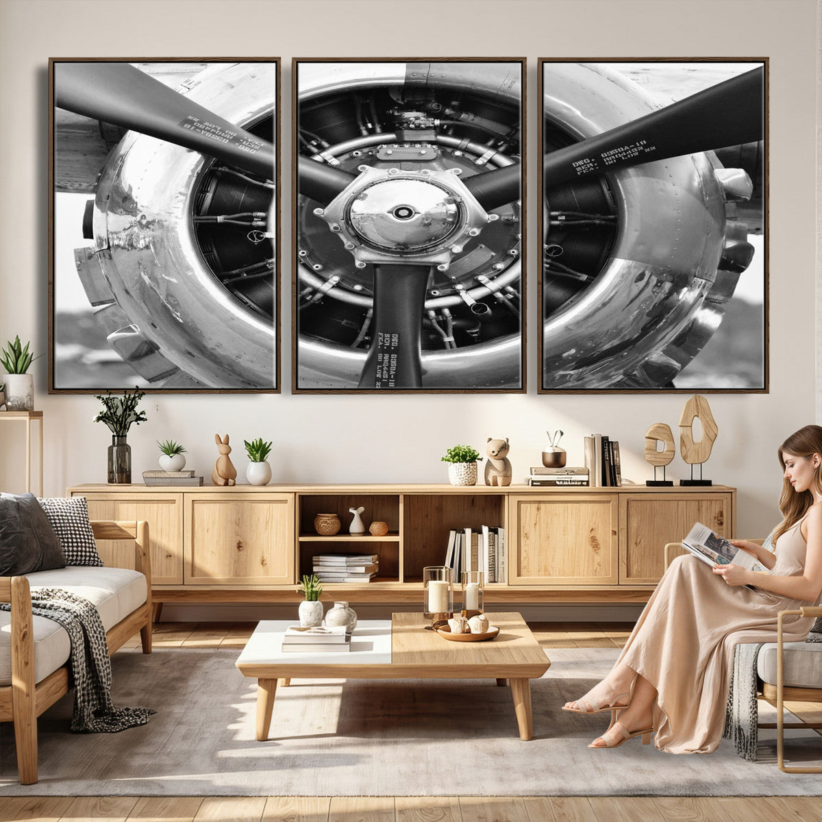 Vintage Propeller Plane Wall Art Canvas Print, Black and