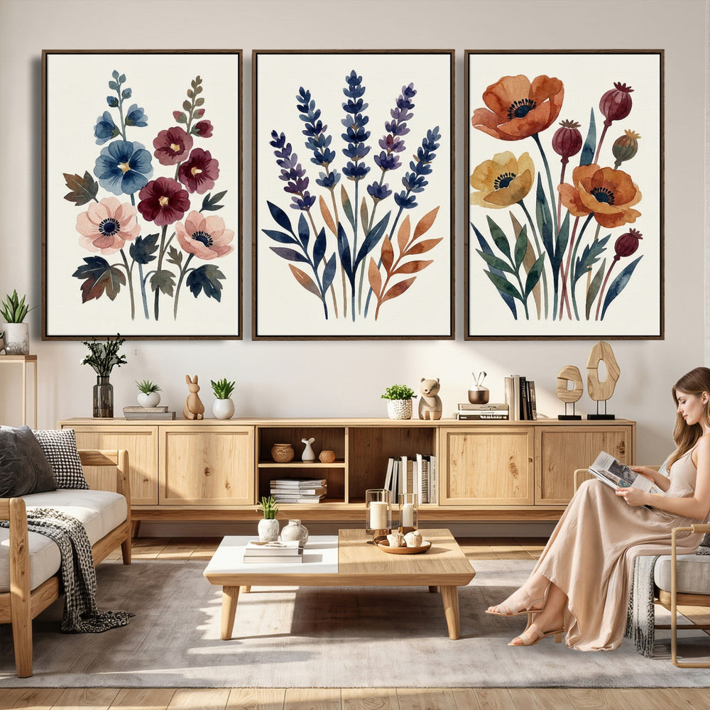 Watercolor Botanical Canvas Wall Art Set, Navy Terracotta
