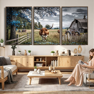Texas Longhorn Canvas Wall Art, Rustic Farm Barn Bluebonnet
