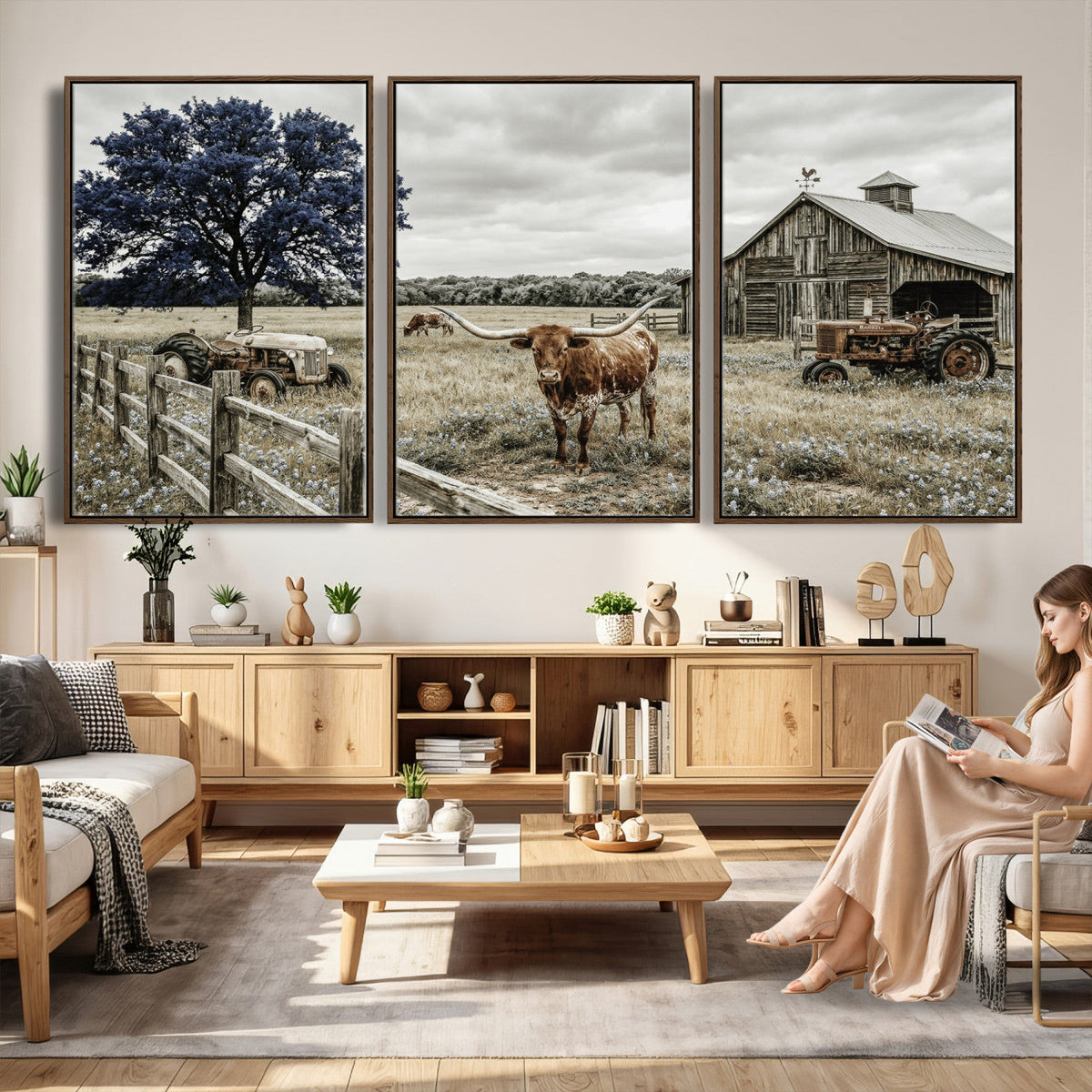 Texas Longhorn Canvas Wall Art, Rustic Farm Barn Bluebonnet