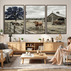 Texas Longhorn Canvas Wall Art, Rustic Farm Barn Bluebonnet