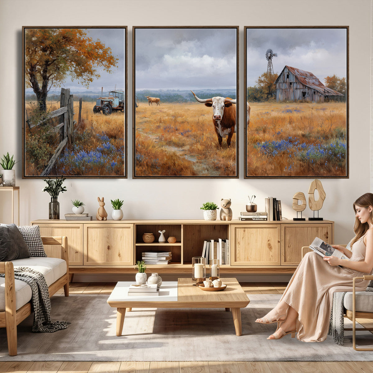 Texas Longhorn Canvas Wall Art, Rustic Farm Barn Bluebonnet