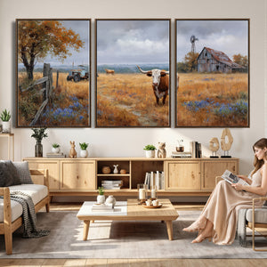 Texas Longhorn Canvas Wall Art, Rustic Farm Barn Bluebonnet