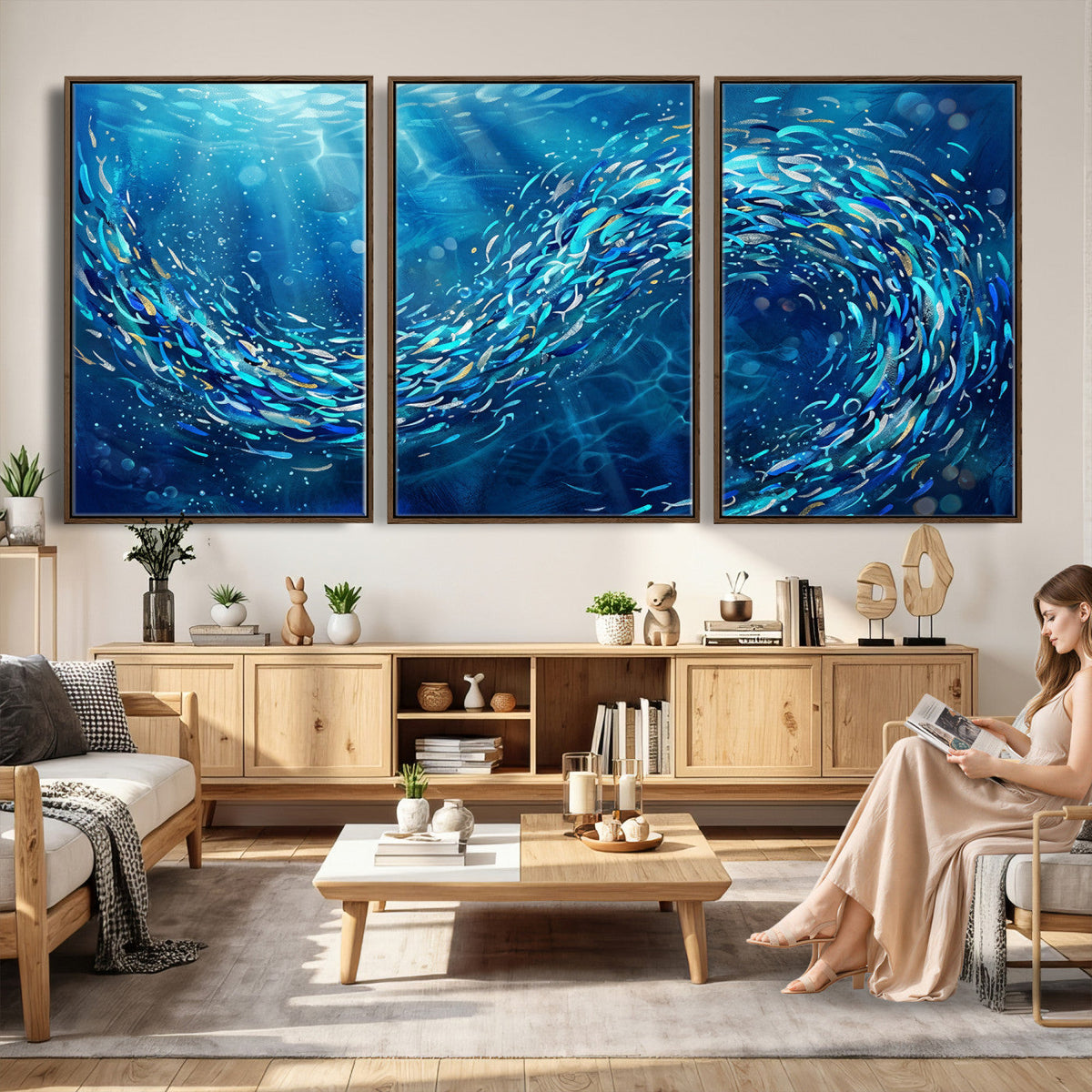 School of Fish Canvas Print | Blue Ocean Underwater Wall Art