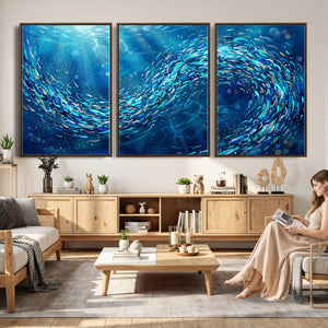 School of Fish Canvas Print | Blue Ocean Underwater Wall Art