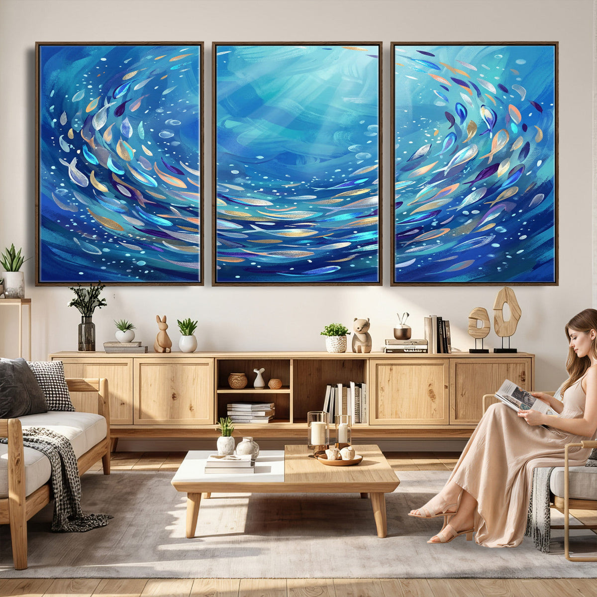 School of Fish Canvas Print | Blue Ocean Underwater Wall Art
