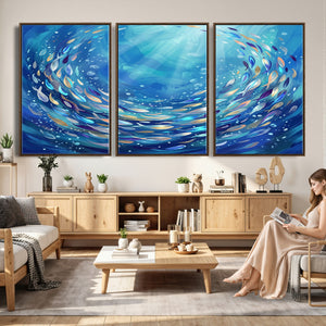 School of Fish Canvas Print | Blue Ocean Underwater Wall Art