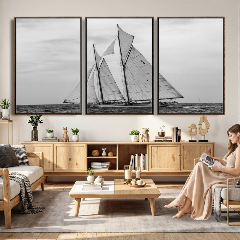 Vintage Sailboat Wall Art Canvas Print, Black and White