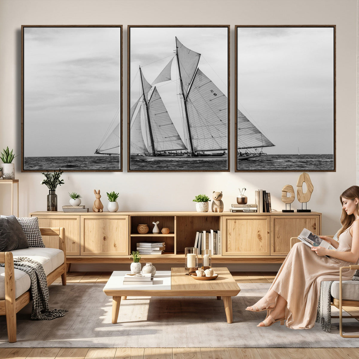 Vintage Sailboat Wall Art Canvas Print, Black and White