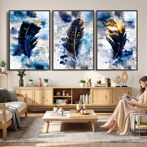 Feather Canvas Wall Art Navy Blue Gold Watercolor Abstract