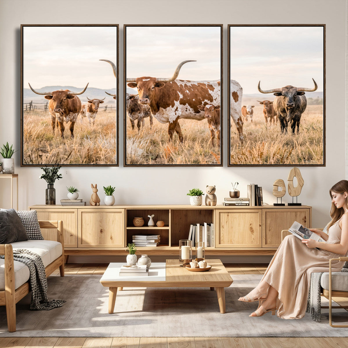 Texas Longhorn Canvas Wall Art, Rustic Farm Animal Photography Print, Farmhouse Country Decor, Western Ranch Art