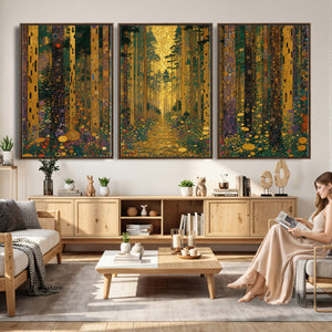 Gustav Klimt Style Forest Canvas Wall Art, Golden Forest Path Floral Art Nouveau Print, Enchanted Woodland Decor