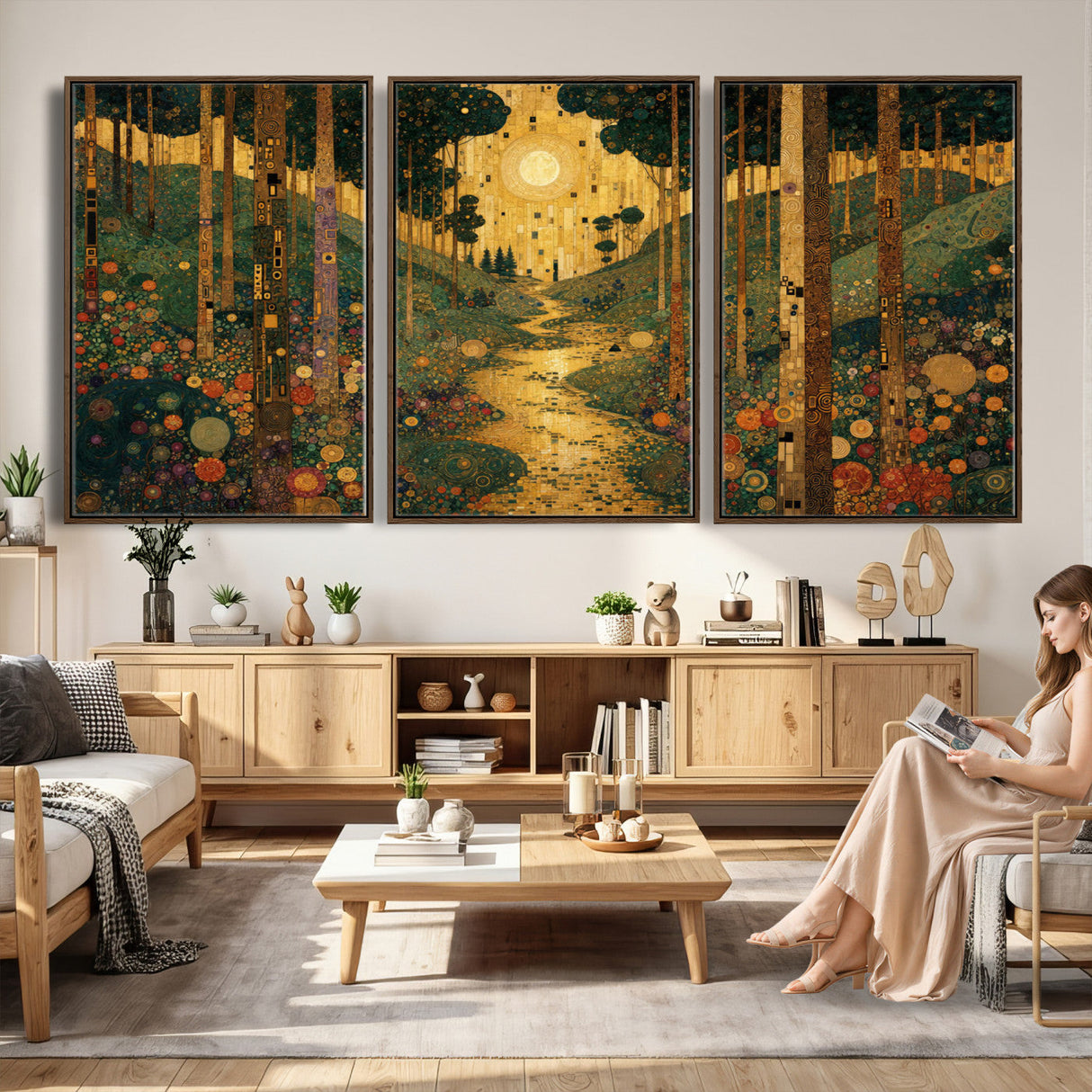 Gustav Klimt Style Forest Canvas Wall Art, Golden Forest Path Floral Art Nouveau Print, Enchanted Woodland Decor