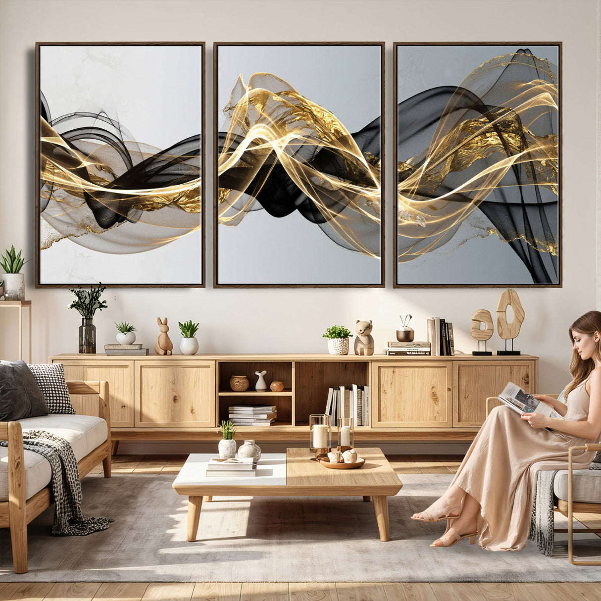 Black and Gold Abstract Wall Art, Modern Wave Canvas Print, Elegant Flowing Smoke Art, Luxury Living Room Decor