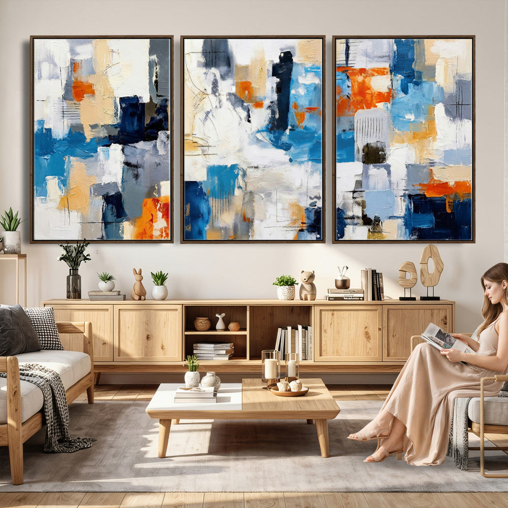 Blue Teal Abstract Canvas Wall Art, Modern Textured Painting Print, Navy Orange White Contemporary Art, Neutral Living Room Decor, Office Art