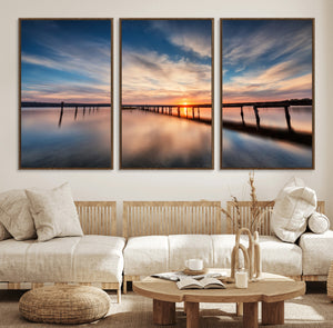 Wooden Pier on Seascape and Sunset Wall Art Canvas Print